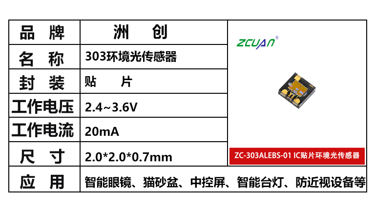 贴片环境光传感器，ZC-303ALEBS-01，数字环境光传感器，贴片光感