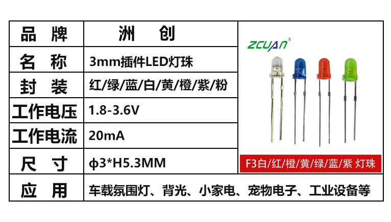 “3mm插件led灯珠，工作电流，发光颜色”/
