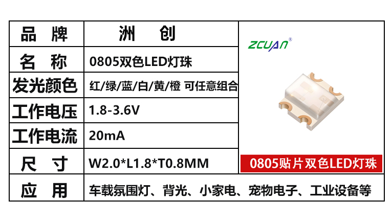 “0805双色led灯珠，0805红蓝双色、0806红绿双色，0805双色尺寸，发光颜色，红，绿，蓝，白，黄，橙，工作电压”/