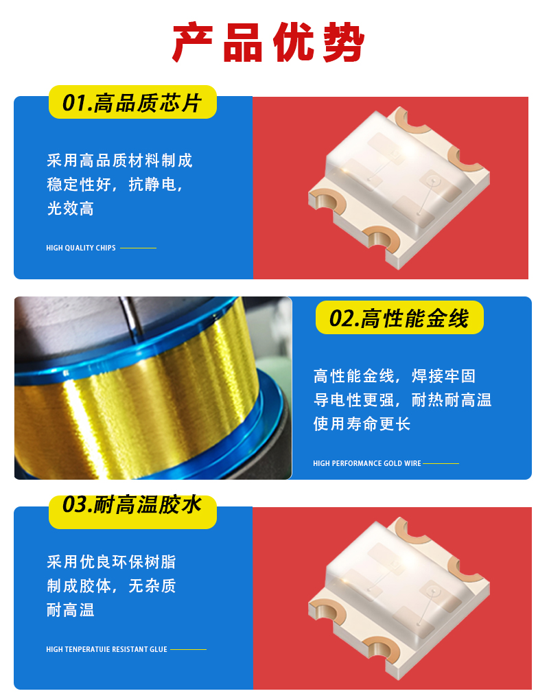 “高品质芯片，99.99纯金线，耐高温胶水”/