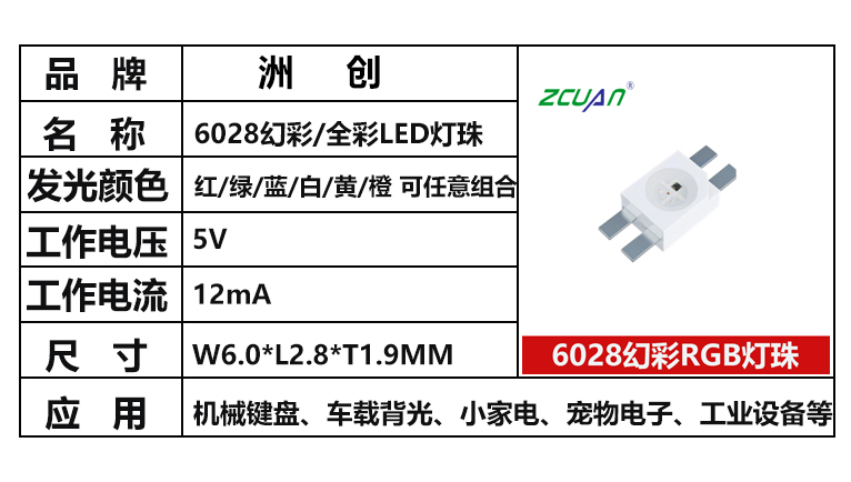 “6028幻彩，全彩led灯珠，红绿蓝黄白橙可任意组合，机械键盘幻彩灯珠”/