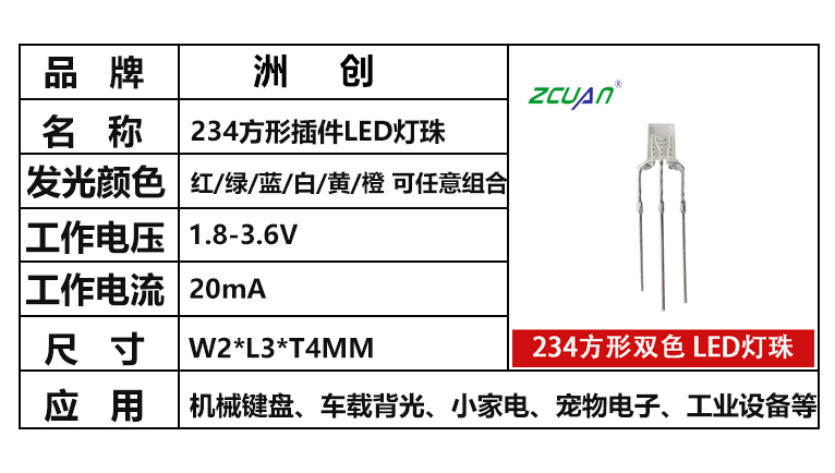 “234方形插件led灯珠，发光颜色，工作电压”/